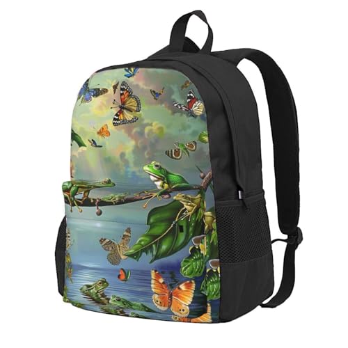 KCGSDEGV Zaino da viaggio per computer portatile con stampa di giornali, leggero, per escursioni e uso casual, Molte rane cantano sui rami Farfalle, Taglia unica