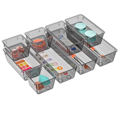 Image of WOWBOX 9 Pack Clear Drawer Organizer Set, Acrylic Drawer Storage Trays, Storage Bins for Makeup, Cosmetics, Jewelries, Utensils, Gadgets, Office, Black
