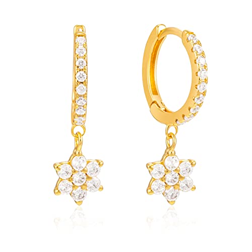 Brandlinger ® Ohrringe hängend. Creolen mit Anhänger Blüte mit Zirkonia Stein. Schmuck Damen vergoldet mit 18 Karat (Silber und Gold) für Frauen und Mädchen. Durchmesser Creolen 14mm. (Gold)