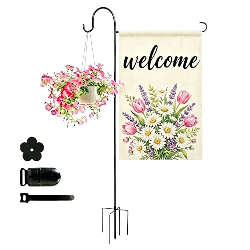 ESTTOP Heavy-Duty Garden Flag Stand with Shepherd's Hook Holder – Sturdy Metal Frame for 12x18 Inch Flags & String Lights, Weather-Resistant Outdoor Lawn, Patio, Yard Decorations
