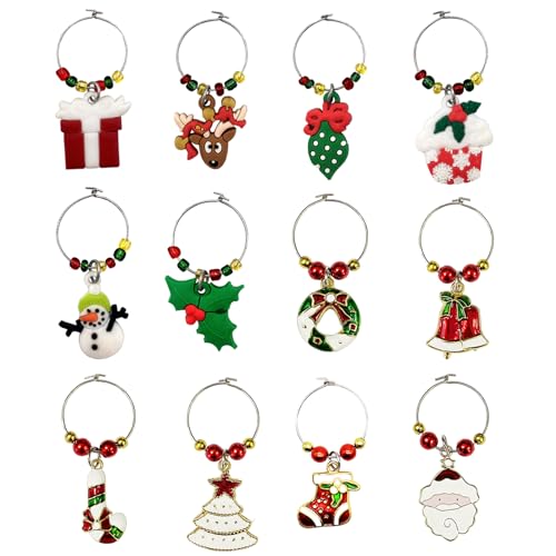 FunIdea 12 Piece Holiday Themed Christmas Wine Glass Charms Wine Tasting Party Decoration Supplies Gift Box Set (Golden)