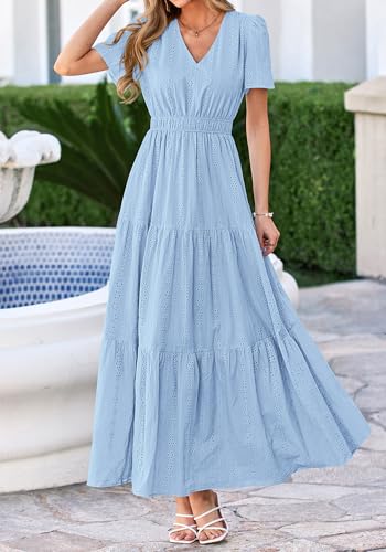 BTFBM Womens Summer Dresses 2026 V Neck Hollow Out Eyelet A Line Flowy Boho Beach Vacation Wedding Guest Maxi Dress(Light Blue, Medium) — view 6