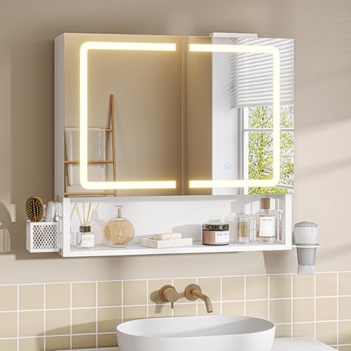 FORABAMB Armoire Murale Salle de Bain avec Éclairage LED et Prises, Armoire de Toilette Miroir avec Étagère Réglable, Température de Couleur Réglable, Meuble de...