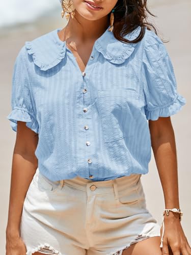 Image of Tankaneo Womens Puff Sleeve Shirts Peter Pan Collar Button Down Cotton Blouse Casual Summer Textured Tops