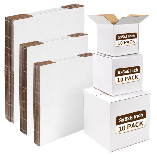 Image of Assorted Shipping Boxes 8X8X8 & 6X6X6 & 5X5X5 Pack of 30, Small shipping box White, 10 PCS Each Corrugated Cardboard Box for Packaging Small Business, Mailing