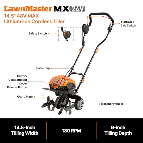 image for LawnMaster Brushless 48V MAX Cordless Tiller Cultivator with 2X MAX 24