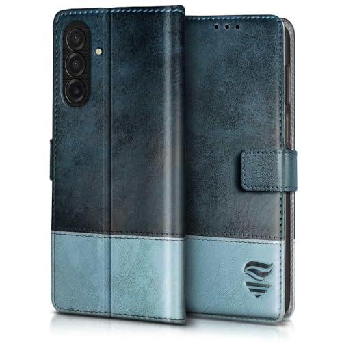 Image of FLIPPED Vegan Leather Flip Case Back Cover for Samsung Galaxy M17 5G | A17 5G | F17 5G (Flexible, Shock Proof | Hand Stitched Leather Finish | Card Pockets Wallet & Stand | Blue with Aquamarine)