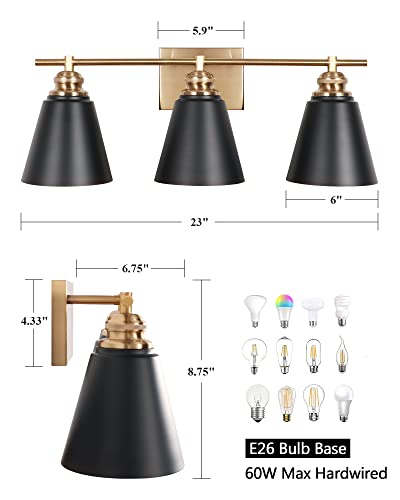 Image of 23-Inch 3-Light Black and Gold Farmhouse Bathroom Vanity Light | Metal shades, white interiors, 3 E26 sockets (60W max, no bulbs), dimmable, ETL listed, hardware, for mirror & bedroom