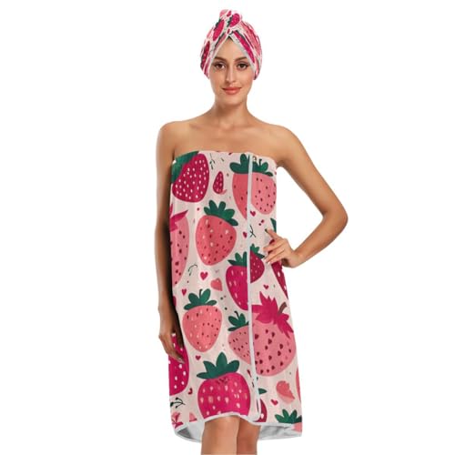Kigai Cute Strawberry Towel Wrap for Women Set of 3, Adjustable Closure Bathrobe Soft Lightweight Spa Long Robes Bath Body Wrap with Dry Hair Cap & Headband