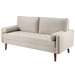 Sofa Couch, 2 Seater Fabric Loveseat, Mid Century Modern Couches for Living Room, Button Tufted Seat Cushion, Square Armrest, 2 Throw Pillows, Fit for Small Spaces, Dorm, Apart, Beige