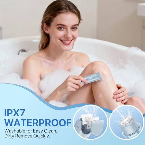Image of Bikini Trimmer for Women, Rechargeable 2-in-1 Electric Razor for Shower& Travel, IPX7 Waterproof Painless Hair Removal for Bikini Line, Legs, Underarms, Wet & Dry Hypoallergenic Ceramic Blade, Blue