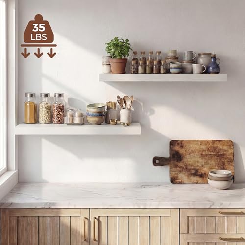 Image of Dreamland 32 Inches Floating Shelves for Wall, 9.3 inch Deep Long Floating Shelves Set of 2, Large Display & Storage Shelf, Wall Shelf for Bathroom Bedroom Living Room Kitchen Office, White