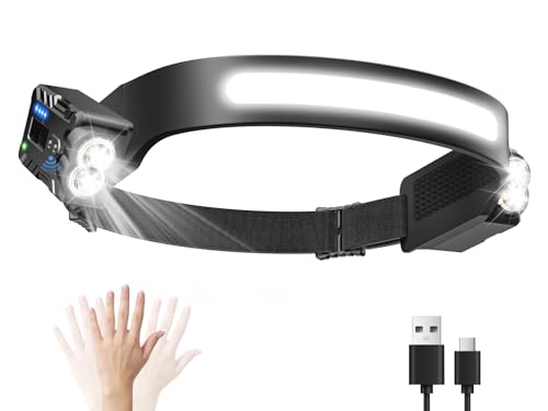 Diboniur Linterna Frontal LED Recargable con 8 Modos de Luz, IPX4 Impermeable Linterna Cabeza con Sensor de Movimiento Para Acampar, Correr, Pescar