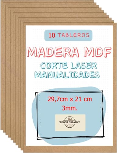 Pack 10 Tablero madera A4 MDF Corte laser | 297 x 210 x 3 mm Corte por Laser, Manualidades, CNC, Bricolaje.