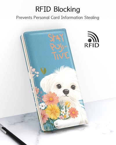 Image of Nipichsha Womens Wallet, RFID Slim Wallets for Women, Thin Ladies Credit Card Holder Purse, Cute Leather Bifold Clutch Billfold with 11 Card Slots & ID Window, Flowers Dog