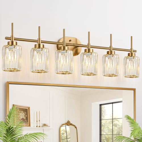 Meybiok Modern Bathroom Vanity Light 6-Light Brushed Gold Vanity Lights for Bathroom with Clear Crysta Shade