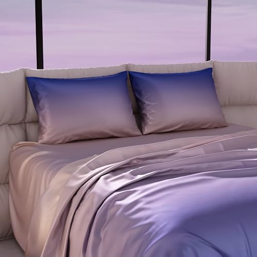 Image of Stoa Paris Satin Bedsheets for Super King Size Bed with 2 Pillow Covers, 300 TC UltraSatin Premium Bedding Set, Gifts for Couples, Wedding, Home Furnishing, Skies of Paris Collection - Taupe, Sapphire