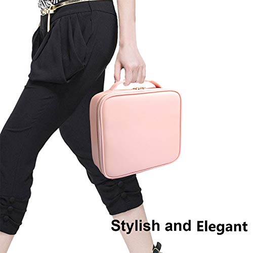 Bvser Travel Makeup Case, PU Leather Portable Organizer Makeup Train Case Makeup Bag Cosmetic Case with Adjustable Dividers for Cosmetics Makeup Brushes Women (Pink)