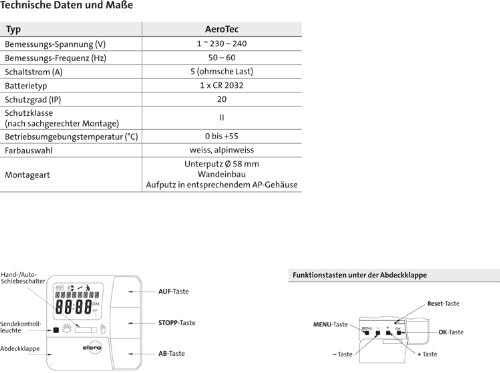 Diagram showing Elero AeroTec technical data and button functions