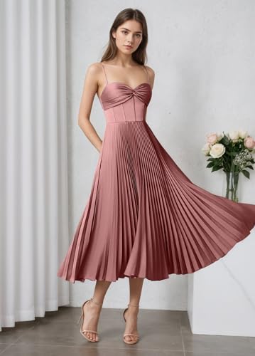 Tea Length Satin Bridesmaid Dresses for Wedding Pleated A Line Midi Prom Formal Evening Gown3
