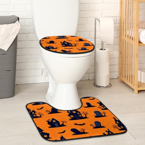2 Pieces Flannel Toilet Contour Mat and Toilet Lid Cover, Soft Toilet Lid Cover Set Machine Washable Non Slip Contour Mat for Bathroom Decor Accessories