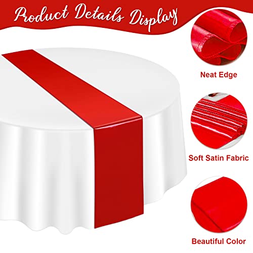Image of 12 Pack 12x108 Inch Satin Table Runner and 84 Inch Round Plastic Tablecloths Set Red and White Disposable Round Table Cover for Graduation Wedding Bridal Shower Anniversary Birthday Party Decorations
