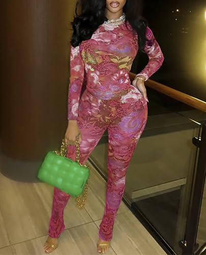 Image of acelyn Women Sexy Two Piece Outfits Mesh Printed Bodycon Flared Pants Sets Club Going Out Birthday Outfits