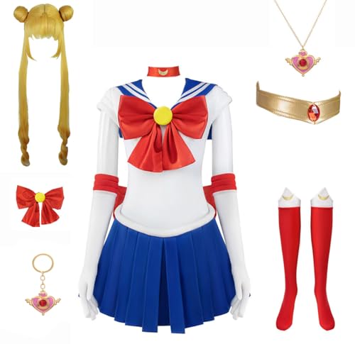 Luascxu Damen Moon Cosplay Sailor Dress Mädchen Tsukino Usagi Costume Sailor Uniform für Halloween Karneval Party (Rot + Blau - Perücke, X-Small)