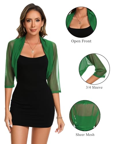 Image of MINTLIMIT Women's Elegant Sheer Mesh Shrug Bolero Batwing 3 /4 Sleeve Open Front Cropped Cardigan Shrugs for Evening Dress