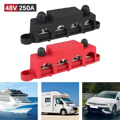 Barra colectora de 4 vías 48V 250A CC con pernos M8 y cubierta protectora roja para barcos y RV 3