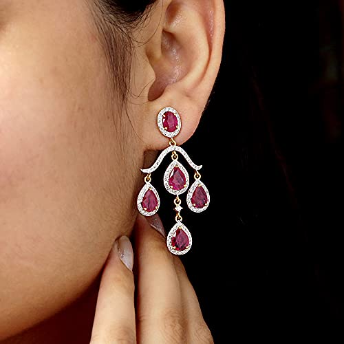 14K Yellow Gold Ruby Gemstone Chandelier Drop Dangle Earring For Women – 7.82 Carat Ruby Birthstone Natural Brilliant Cut Diamonds 1.68 Carats (Hi Color, Si Clarity) Fine Earring For Girls C #TOP1