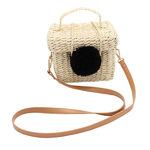 Surell Summer Straw Paper Crossbody Basket Bag with Faux Fur Pom - Hand Woven Beach Handbag - Perfect Beach Gift