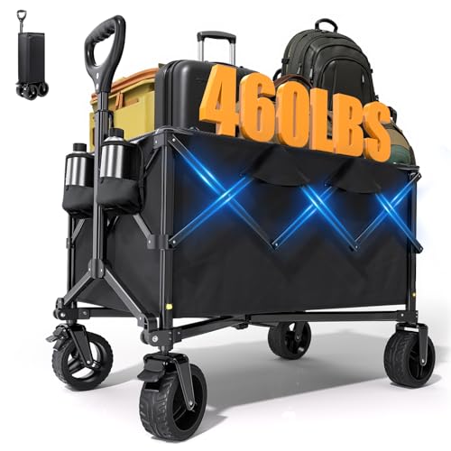 Collapsible Wagon Cart with Universal Wheels, 480LBS Wagons Carts Heavy Duty Collapsible Wagon with Cup Holders, Utility Beach Carts for Camping, Garden, Shopping, Fishing, Sports