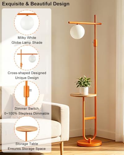 Image of Lightdot 66IN Orange Floor Lamps with Table, Dimmable Modern Tall Lamp Standing Lamp U-Pole Base for Bedroom /Living Room /Sofa Beside /Corner Decor(Bulb Included)