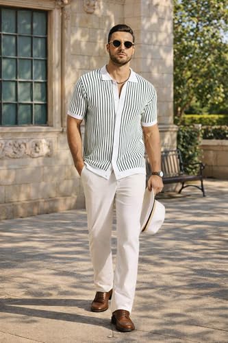 Image of COOFANDY Mens Knit Button Down Shirts Short Sleeve Polo Shirt Vintage Striped Casual Shirts