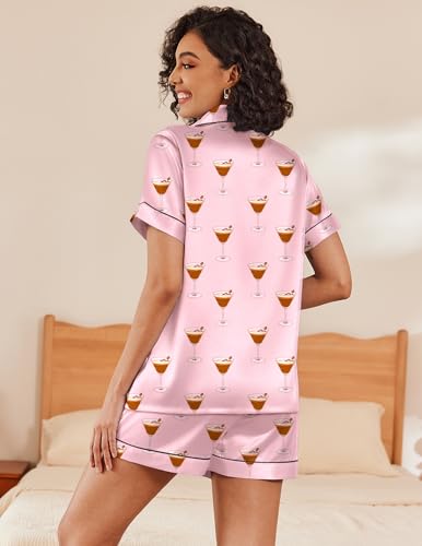Ekouaer Women's Silk Satin Pajama Set Short Sleeve Pjs Shorts Set Comfy Button Down 2 Piece Sleepwear Loungewear S-XXL2