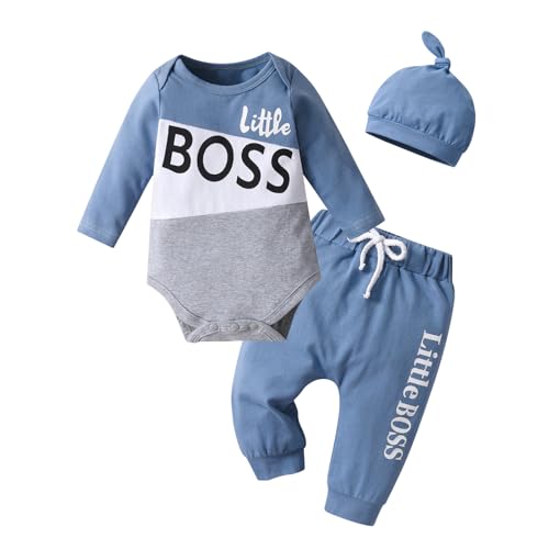 Image of KuKitty Newborn Infant Baby Boy Clothes Long Sleeve Little Boss Romper Tops + Casual Pants + Hat 3PCS Outfits Set (Newborn) Blue