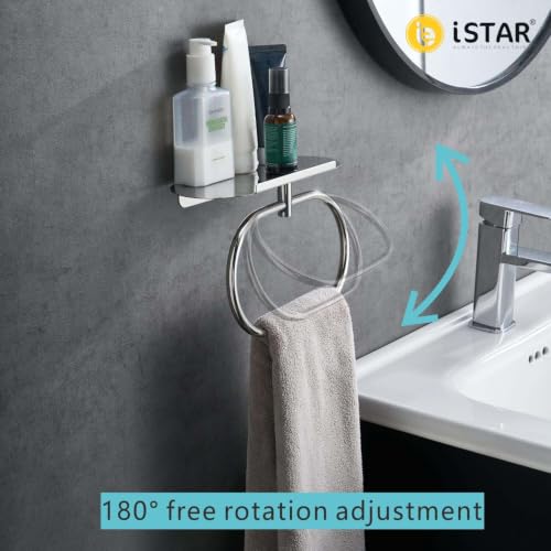Image of Bathroom Towel Ring with Shelf, 304 Stainless Steel Towel Holder for Bathroom Wall Mount, Self Adhesive or Drill Installation, Rustproof Hand Towel Ring (Chrome)
