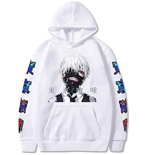 Ksone Fit Unisex Tokyo Ghoul Anime Hoodie Kaneki Printed Cosplay Costume Fashion Casual Long Sleeve Sweatshirt for Men Women (White,Asian Size/L)
