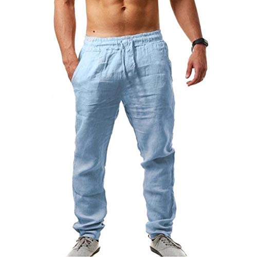 Annystore Fashion Mens Linen Pants Lightweight Elastic Waist Yoga Pants Casual Loose Fit Beach Trousers Blue