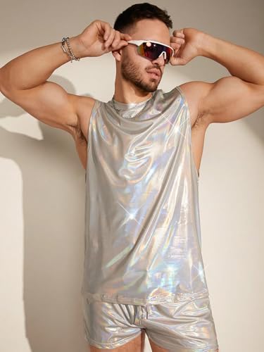 Men's 2 Piece Outfit Metallic Round Neck Sleeveless Tank Top and Drawstring Pocket Shorts4