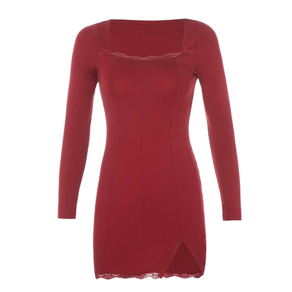 Women's Long Sleeve Square Neck Dress Lace Patchwork Elegant Split Bodycon Mini Dress