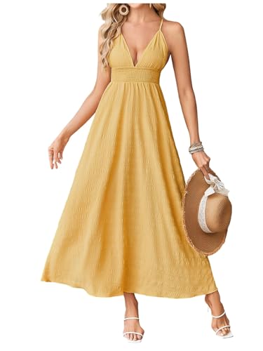 Image of Milumia Women's Summer V Neck Backless Maxi Dress Boho Spaghetti Strap A Line Flowy Beach Long Sundress