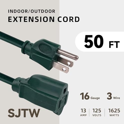 Image of 50ft Outdoor Extension Cord for Christmas Decorations- 16 /3 Heavy Duty SJTW Waterproof Green Electrical Cable with 3 Prong Grounded Plug for Safety, Great for Lawn and Major Appliances