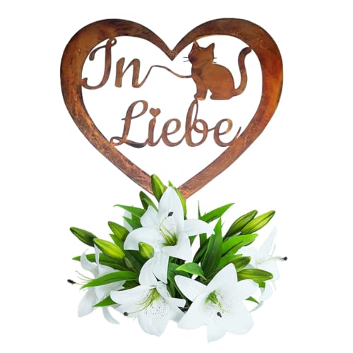 Grabschmuck Herz Wetterfest,Vorgerostete Grabdekoration Katze,35cm Haustier Fellnase