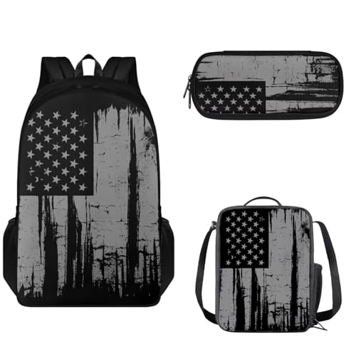 Set 3 in 1 zaino da viaggio con doppia cerniera di grande capacità per bambini ragazze ragazzi da borsa termica per il pranzo astuccio per matite Bandiera americana