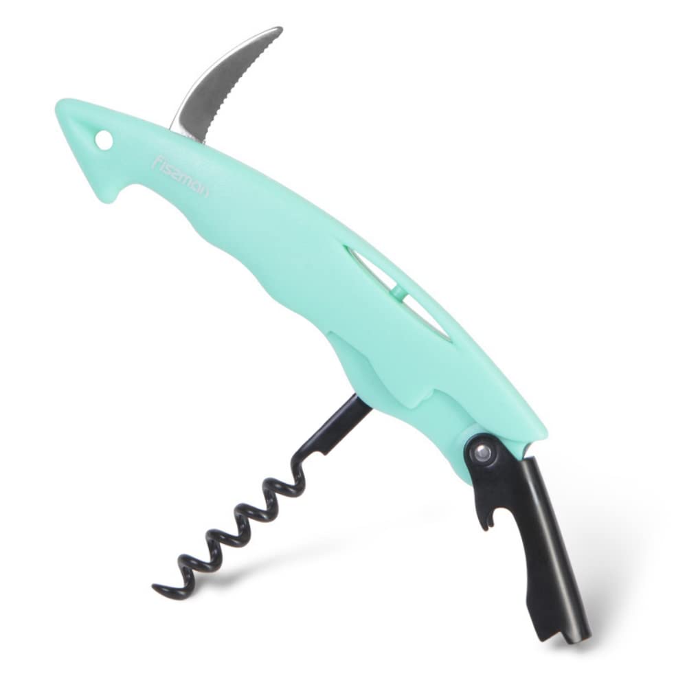 FISSMANStainless Steel Waiter's Friend Corkscrew, Wine Bottle Opener, with Cap Lifter, Suitable for Kitchen Restaurant Bars (Mint Green)
