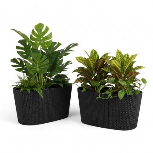 Pincho Macetas Rectangulares Plástico - Jardinera Rectangular Exterior Negro, Macetas Decorativas Interior, Maceta Interior con Drenaje, Macetas Plástico Rafia, Tiesto Rectangular - 29x16x15 cm (2)