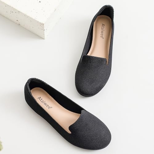 Image of Ataiwee Women's Wide Width Flat Shoes, Cute Plus Size Round Toe Slip on Loafer Shoes.(1910013-6,BK /FK,8.5 Wide)