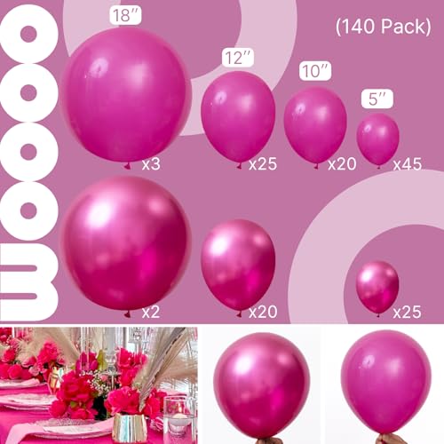 Image of PartyWoo Hot Pink Balloons 140pcs Different Sizes of 18 12 10 5 Inch Metallic Pink Magenta Fuchsia Balloon Arch Kit for Engagement Bachelorette Baby Shower Anniversary Birthday Party Decorations